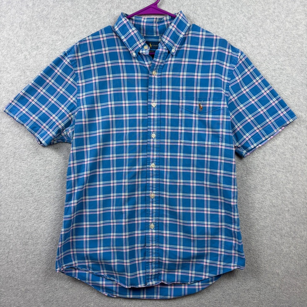 Ralph Lauren Shirt Mens Large Blue Plaid Slim Fit Oxford OCBD Short Sleeve